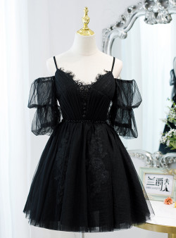 Black Tulle Lace Short Sleeve Pleats Homecoming Dress