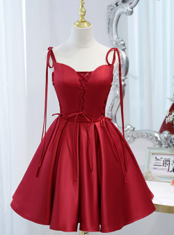 Burgundy Satin Spaghetti Straps Beading Homecoming Dress