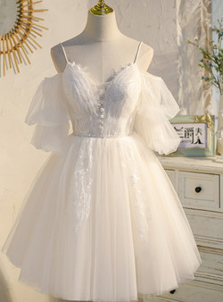 Ivory White Lace Tulle Puff Sleeve Homecoming Dress