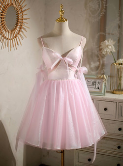 Sexy Pink Tulle Spaghetti Straps Homecoming Dress