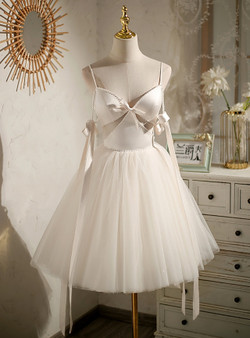 Ivory White Tulle Spaghetti Straps Pearls Homecoming Dress