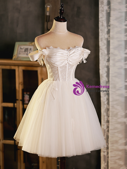 White Tulle Off the Shoulder Pleats Button Homecoming Dress