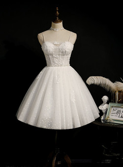 White Tulle Wave Point Spaghetti Straps Homecoming Dress