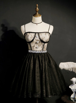 Black Tulle Lace Beading Crystal Homecoming Dress