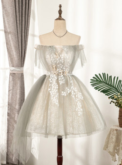 Gray Tulle Off the Shoulder Appliques Homecoming Dress