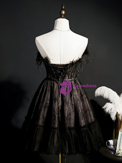 Black Tulle Lace Strapless Feather Homecoming Dress
