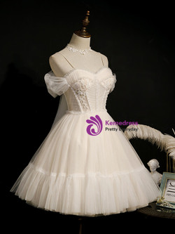Ivory Tulle Appliques Pleats Pearls Homecoming Dress