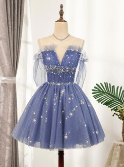 Blue Tulle Sequins Beading Sleeveless Homecoming Dress