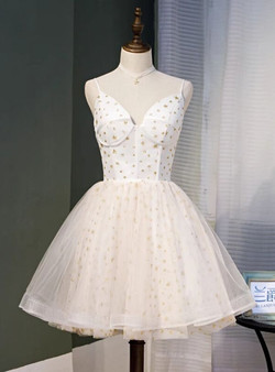 Ivory Tulle Star Sequins Spaghetti Straps Homecoming Dress