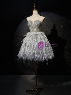 Silver Gray Strapless Beading Feather Homecoming Dress