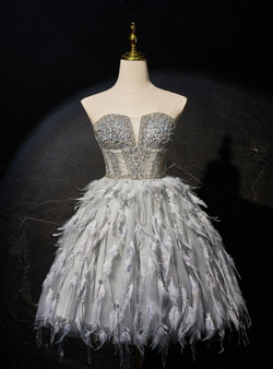 Silver Gray Strapless Beading Feather Homecoming Dress