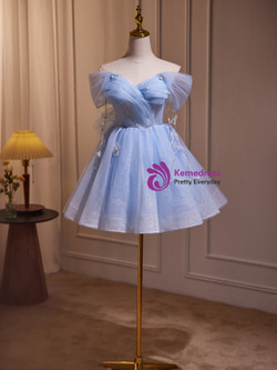 Blue Tulle Sequins Off the Shoulder Homecoming Dress