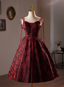 Burgundy Rose Print Straps Homecoming Dress