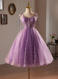 Purple Tulle Spaghetti Straps Homecoming Dress