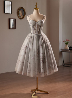 Gray Tulle Sequins Double Straps Homecoming Dress