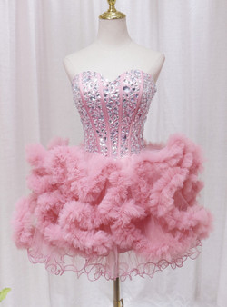 Pink Tulle Sweetheart Crystal Homecoming Dress
