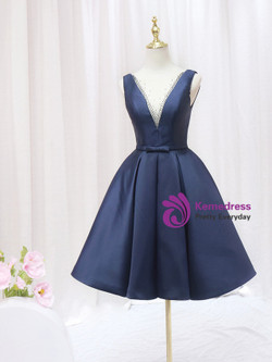 Navy Blue Satin See Through V-neck Homecoming Dress