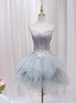 Gray Tulle Strapless Lace Homecoming Dress