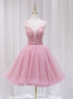 Pink Tulle Sequins Beading Backless Homecoming Dress