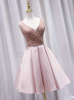 Pink Satin V-neck Pleats Homecoming Dress