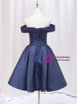 Navy Blue Satin Off the Shoulder Homecoming Dress