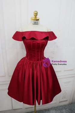 Burgundy Satin Off the Shoulder Homecoming Dress