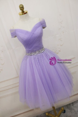 Purple Tulle Pleats Beading Homecoming Dress