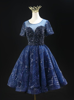 Navy Blue Sequins Tulle Short Sleeve Homecoming Dress