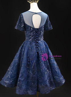 Navy Blue Sequins Tulle Short Sleeve Homecoming Dress