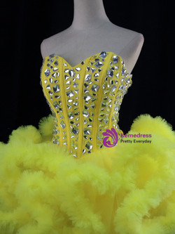 Yellow Tulle Sweetheart Crystal Homecoming Dress