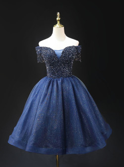 Navy Blue Tulle Off the Shoulder Beading Homecoming Dress