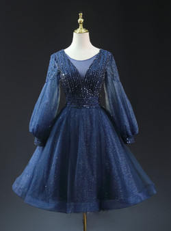 Navy Blue Long Sleeve Beading Homecoming Dress