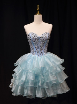 Blue Organza Crystal Sweetheart Homecoming Dress