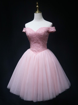 Pink Tulle Off the Shoulder Beading Homecoming Dress Pink Tulle Off the Shoulder Beading Homecoming Dress