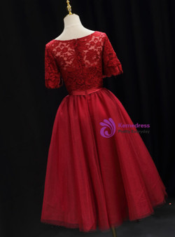 Burgundy Tulle Lace Tea Length Homecoming Dress