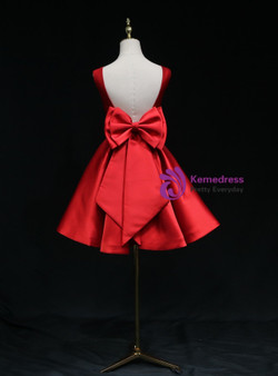 Red Satin Backless Bow Homecoming Dress