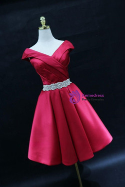 Burgundy Satin Off the Shoulder Beading Homecoming Dress Burgundy Satin Off the Shoulder Beading Homecoming Dress