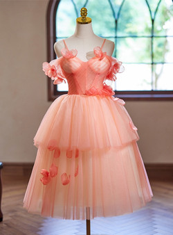 Orange Tulle Spaghetti Straps Flower Homecoming Dress