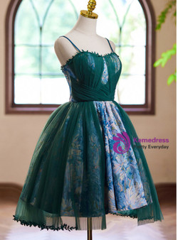 Green Spaghetti Straps Tulle Print Homecoming Dress