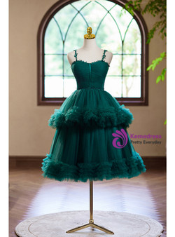 Green Tulle Spaghetti Straps Pleats Homecoming Dress