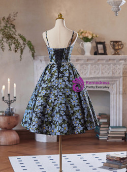 Black Spaghetti Straps Flower Print Homecoming Dress