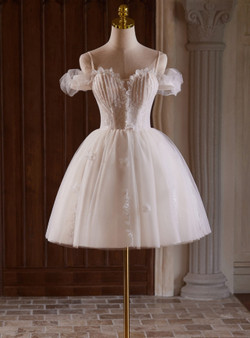 White Tulle Lace Beading Spaghetti Straps Homecoming Dress