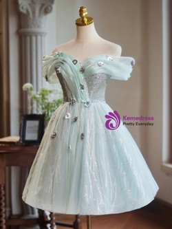 Light Green Tulle Sequins Flower Homecoming Dress