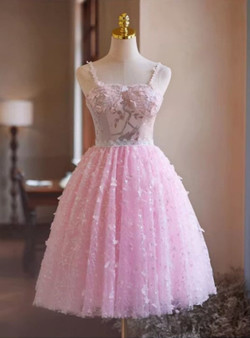 Pink Tulle Lace Sequins Homecoming Dress