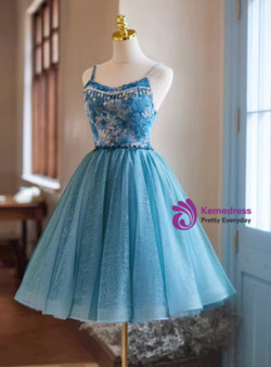 Blue Tulle Straps Oil Painting Pattern Homecoming Dress