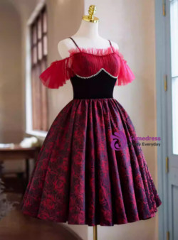 Burgundy Rose Print Spaghetti Straps Homecoming Dress