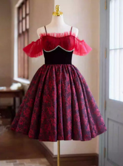 Burgundy Rose Print Spaghetti Straps Homecoming Dress
