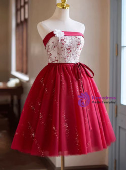 Burgundy Tulle Sequins Print Strapless Homecoming Dress