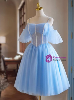 Blue Tulle Lace Spaghetti Straps Pleats Homecoming Dress