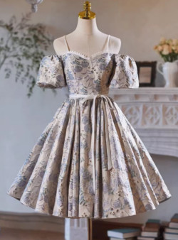 Silver Print Spaghetti Straps Puff Sleeve Homecoming Dress